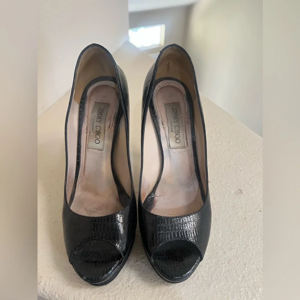 Jimmy Choo Black Python Leather Open toes‎ heels Pumps . Size 37.5 US 7.5